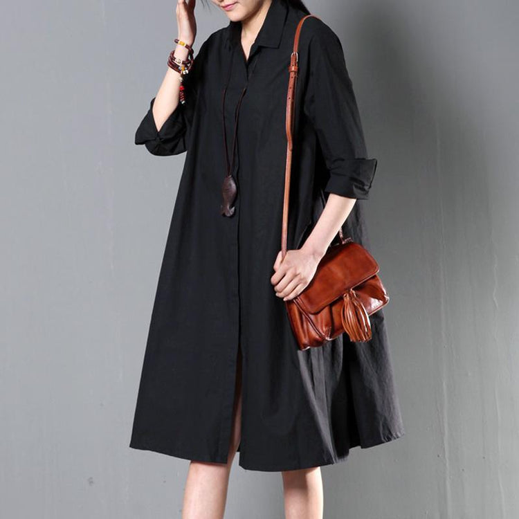 Black spring cotton dress plus size cotton blouse shirt - Omychic