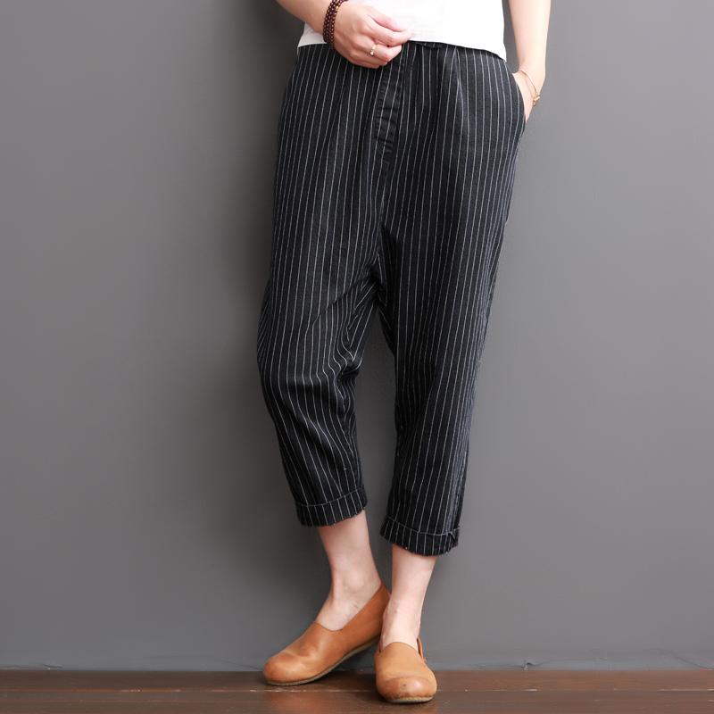 Black striped cotton crop pants elastic waist - Omychic