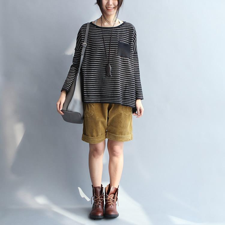 Black striped cotton knit shirts with pockets oversize top - Omychic