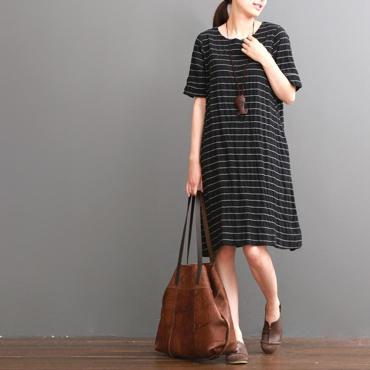 Black striped cotton sundress oversize cotton shift dresses - Omychic