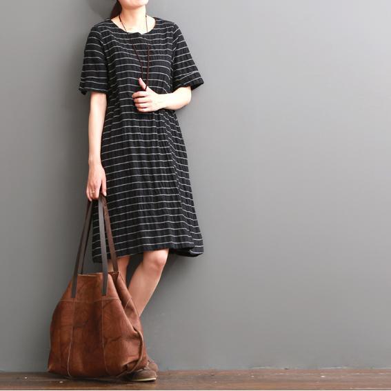 Black striped cotton sundress oversize cotton shift dresses - Omychic