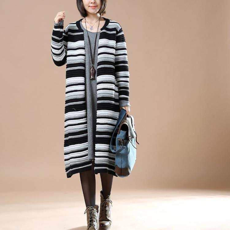 Black striped knit cardigan coats woman winter sweaters - Omychic