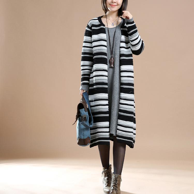 Black striped knit cardigan coats woman winter sweaters - Omychic