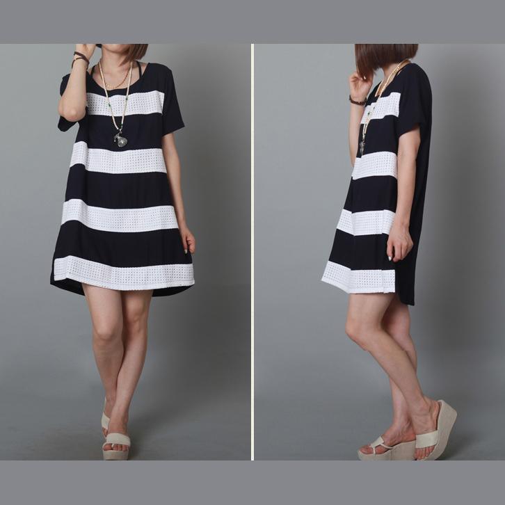 Black striped summer shift dress oversize linen sundress - Omychic