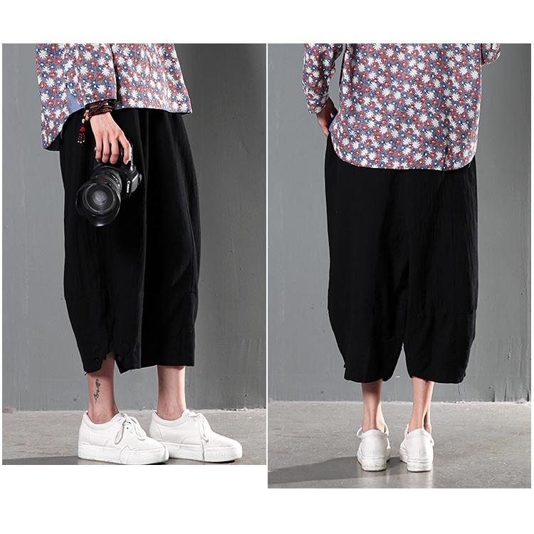 Black stylish causal linen pants oversize trousers - Omychic