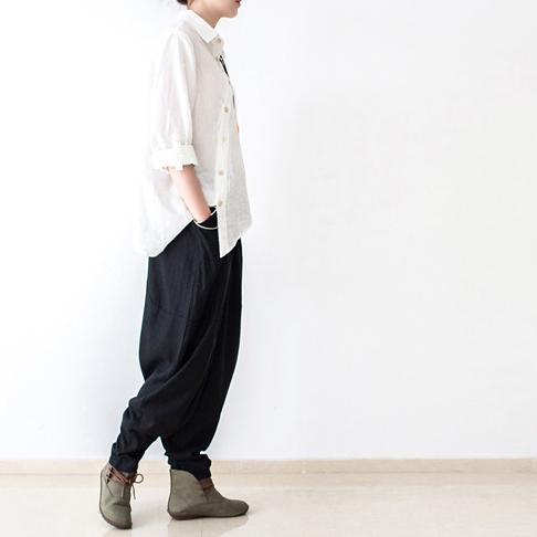Black stylish linen pants oversized cotton pants New - Omychic