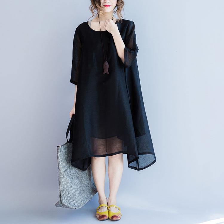 Black summer Organza casual dresses oversize sundress half sleeve blouses shirts - Omychic