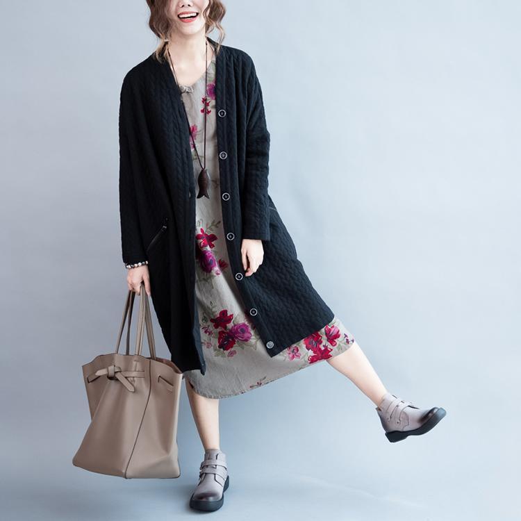 Black warm womens winter cardigans piled cotton plus size maxi coats oversize outwear - Omychic
