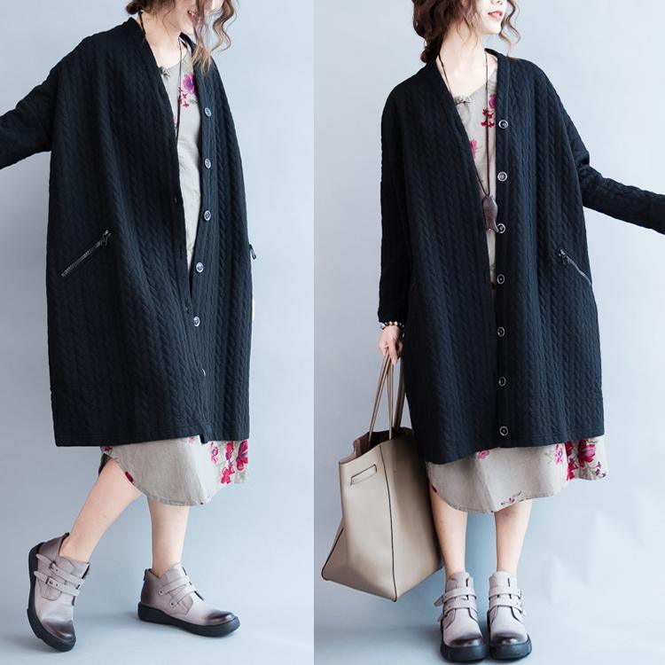 Black warm womens winter cardigans piled cotton plus size maxi coats oversize outwear - Omychic