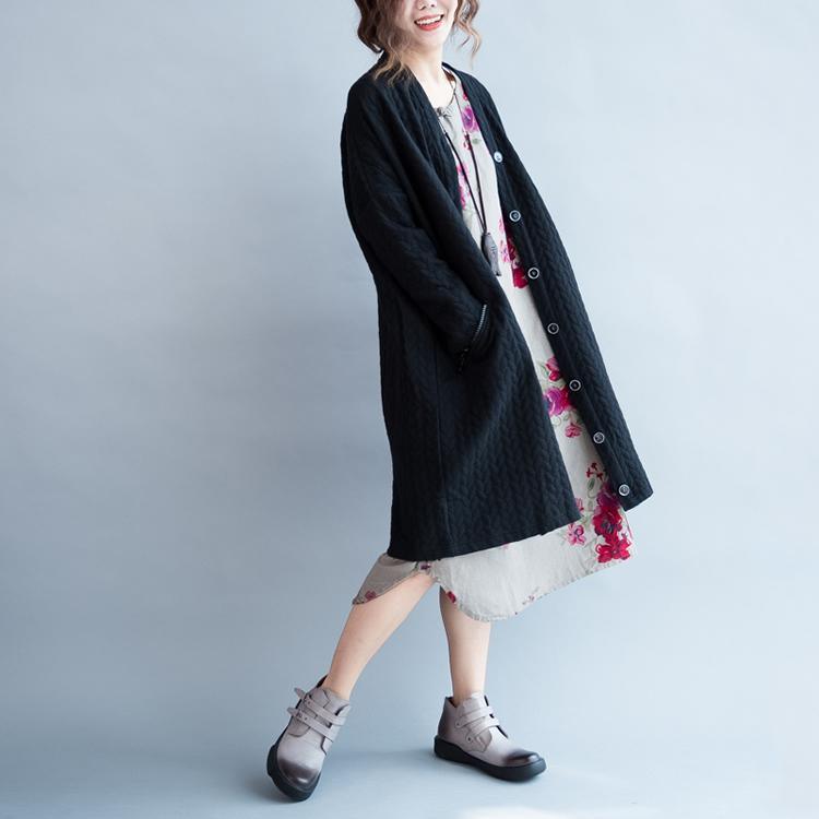 Black warm womens winter cardigans piled cotton plus size maxi coats oversize outwear - Omychic