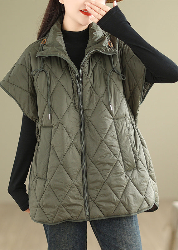Blackish Green Loose Fine Cotton Filled Witner Vests Cinched Winter - Omychic