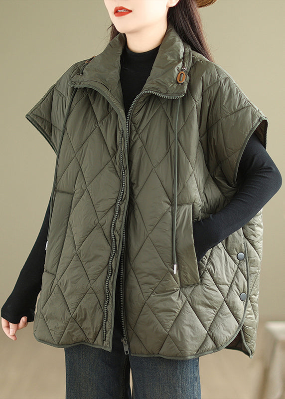 Blackish Green Loose Fine Cotton Filled Witner Vests Cinched Winter - Omychic