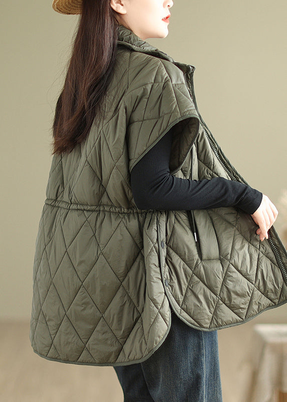 Blackish Green Loose Fine Cotton Filled Witner Vests Cinched Winter - Omychic