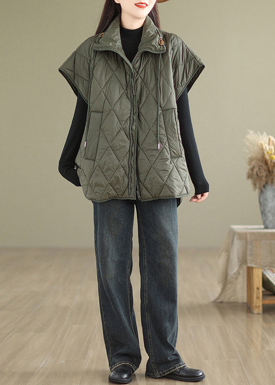 Blackish Green Loose Fine Cotton Filled Witner Vests Cinched Winter - Omychic