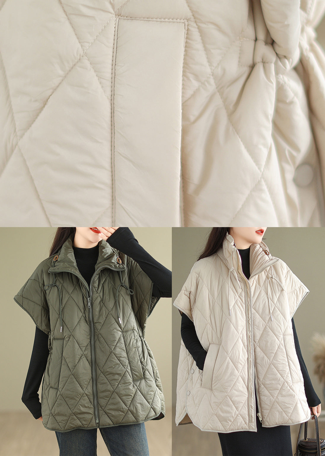 Blackish Green Loose Fine Cotton Filled Witner Vests Cinched Winter - Omychic