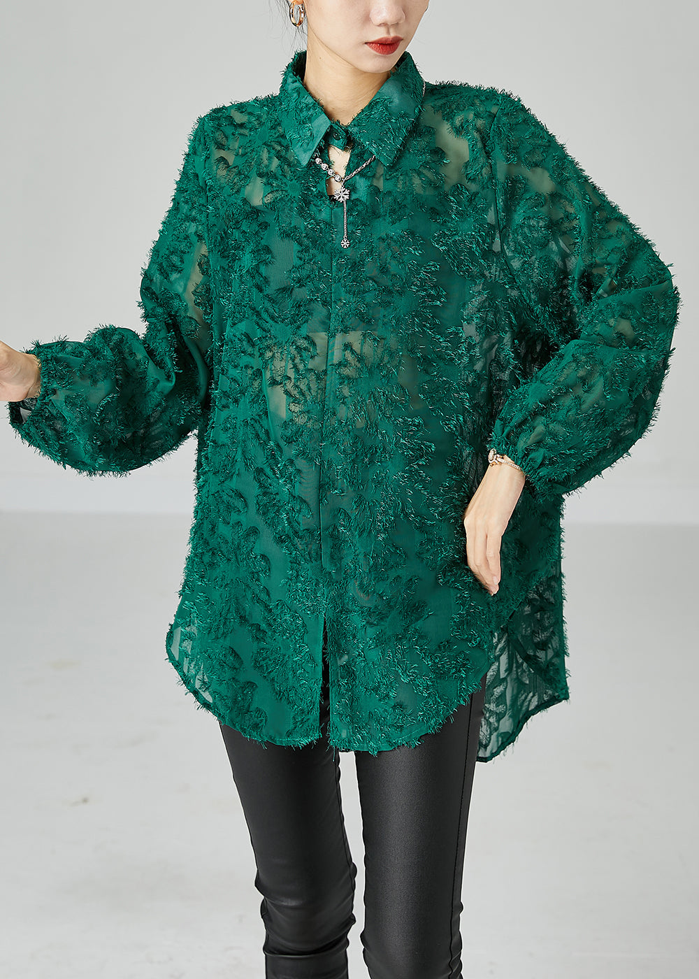 Blackish Green Loose Lace UPF 50+ Shirt Tops Fluffy Summer