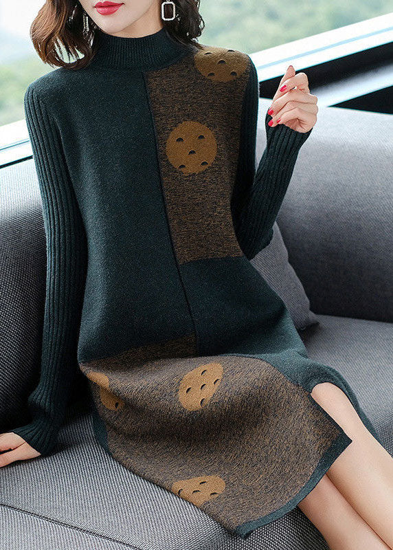 Blackish Green Patchwork Cashmere Knitted Dress Stand Collar Print Long Sleeve