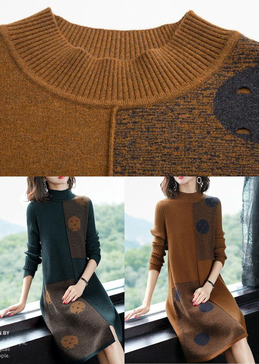 Blackish Green Patchwork Cashmere Knitted Dress Stand Collar Print Long Sleeve