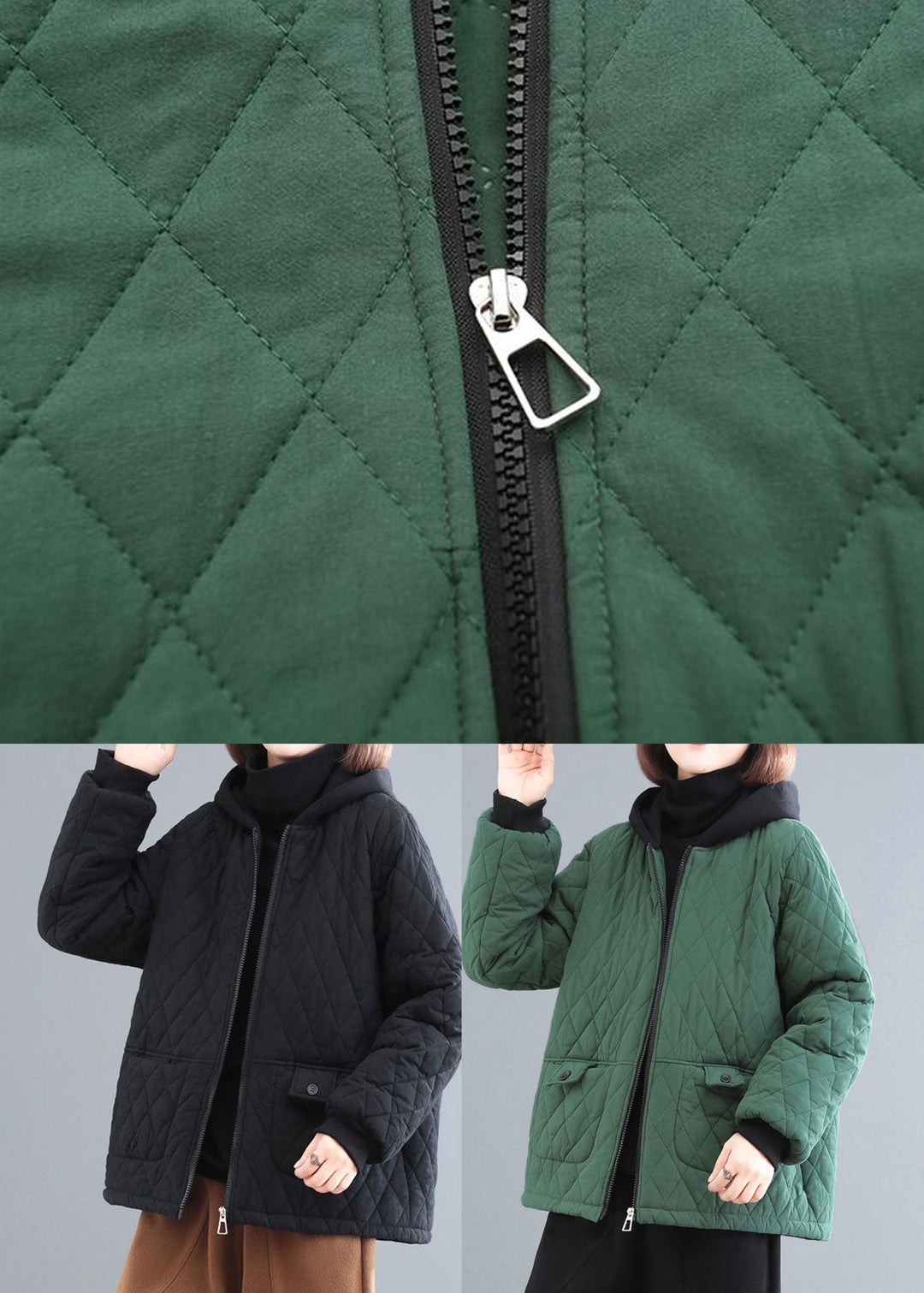 Blackish Green Patchwork Fine Cotton Filled Parka Hooded Pockets Winter
