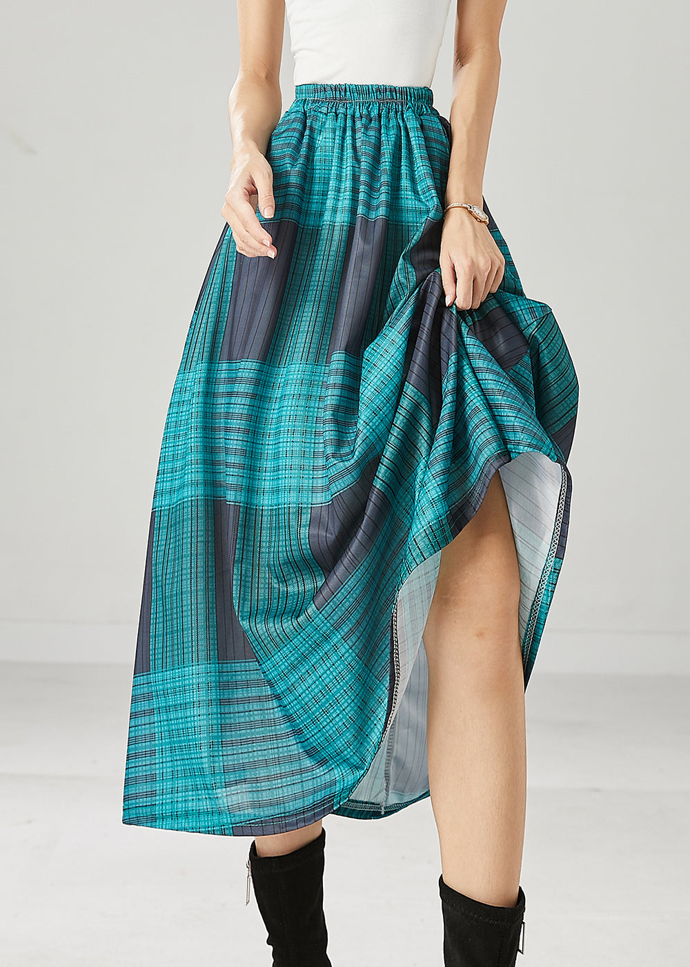 Blackish Green Plaid Cotton A Line Skirt Spring