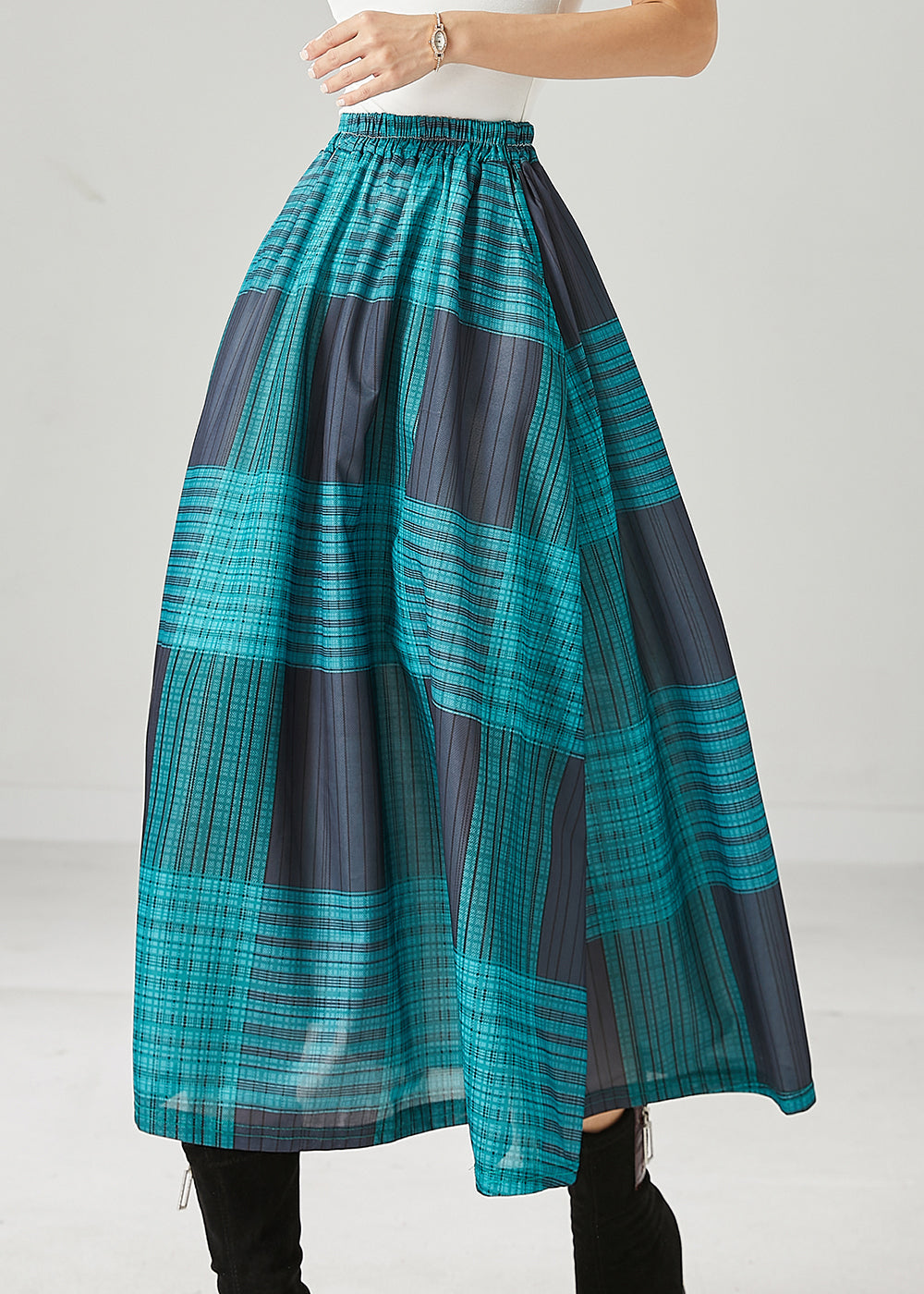 Blackish Green Plaid Cotton A Line Skirt Spring