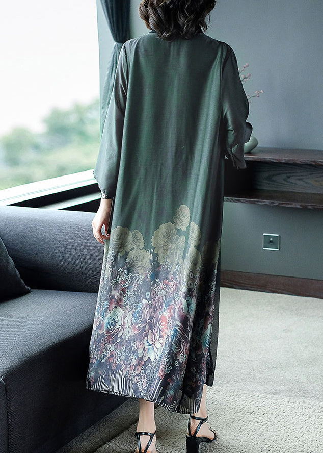 Blackish Green Print Silk Cardigans And Long Dress Two Pieces Set Button Spring