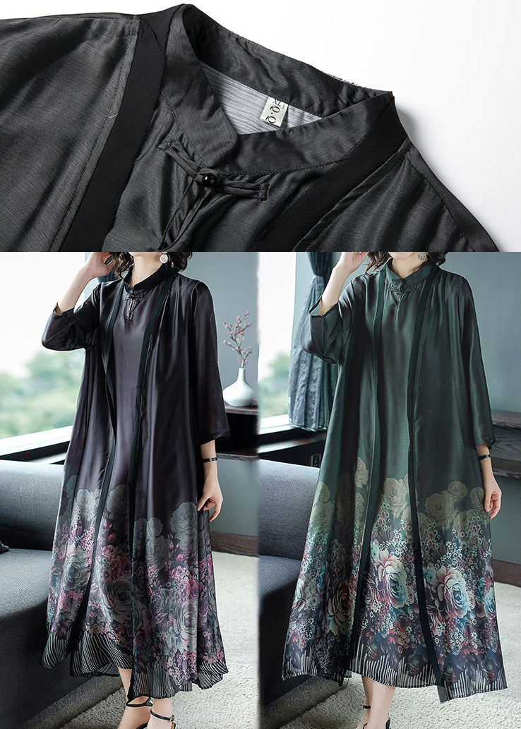 Blackish Green Print Silk Cardigans And Long Dress Two Pieces Set Button Spring