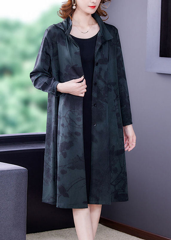 Blackish Green Print Silk Trench Hooded Pockets Long Sleeve