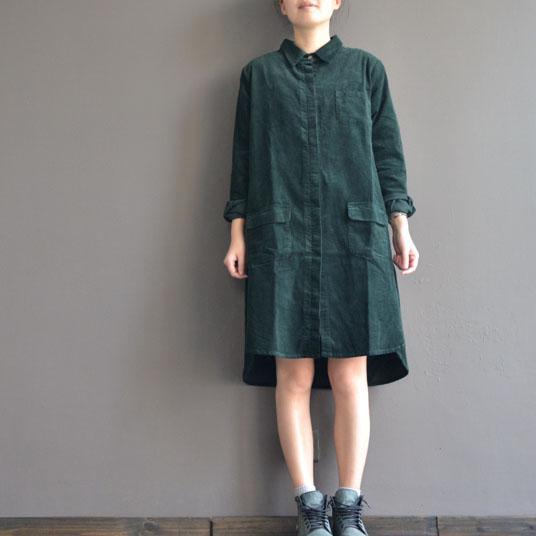 Blackish green casual dresses plus size corduroy pockets shirt dress - Omychic