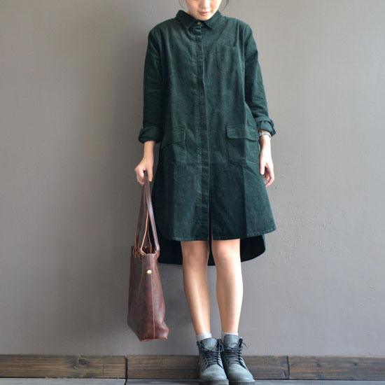 Blackish green casual dresses plus size corduroy pockets shirt dress - Omychic