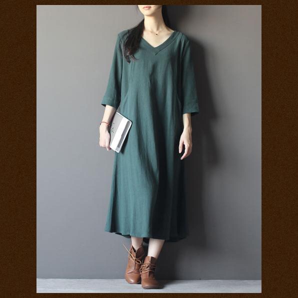 Blackish green half sleeve linen summer dresses plus size sundress - Omychic