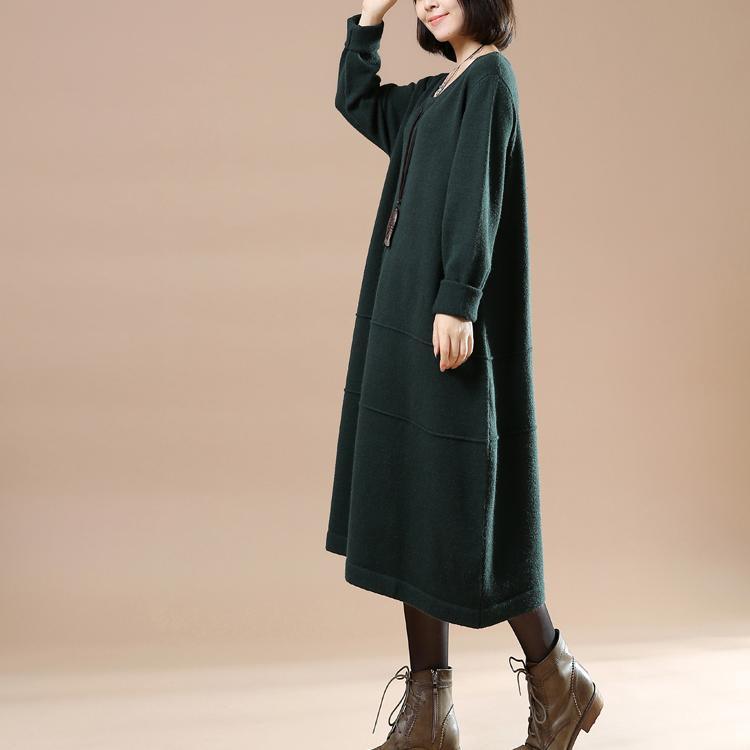 Blackish green long sweaters oversize knit dresses elegant style - Omychic