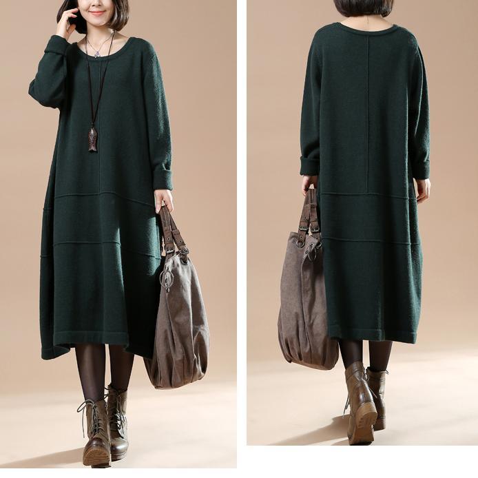 Blackish green long sweaters oversize knit dresses elegant style - Omychic