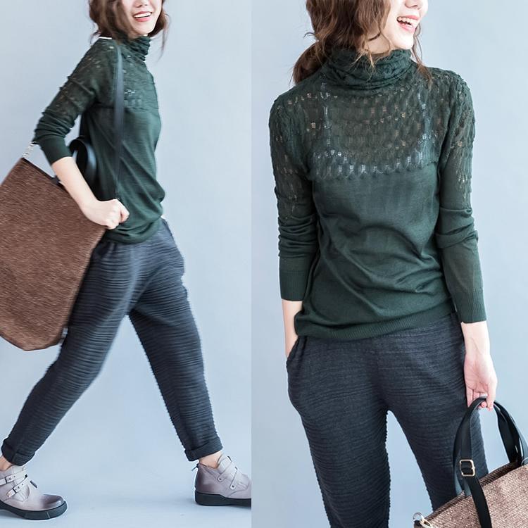 Blackish green woolen cashmere sweaters turtle neck knit sweaters hollowed shoulder - Omychic