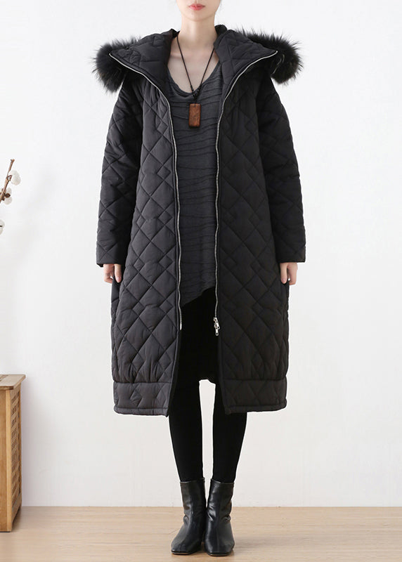 Black Plaid Thick Hooded Long Parka Winter