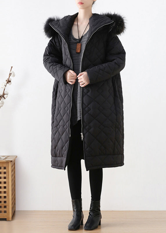 Black Plaid Thick Hooded Long Parka Winter