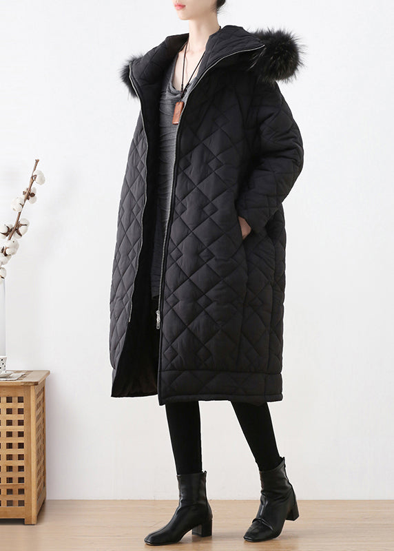 Black Plaid Thick Hooded Long Parka Winter