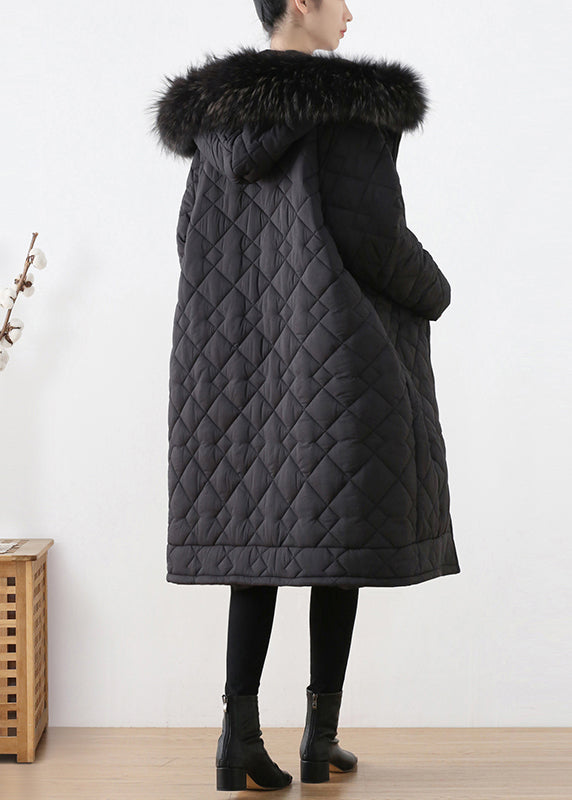 Black Plaid Thick Hooded Long Parka Winter