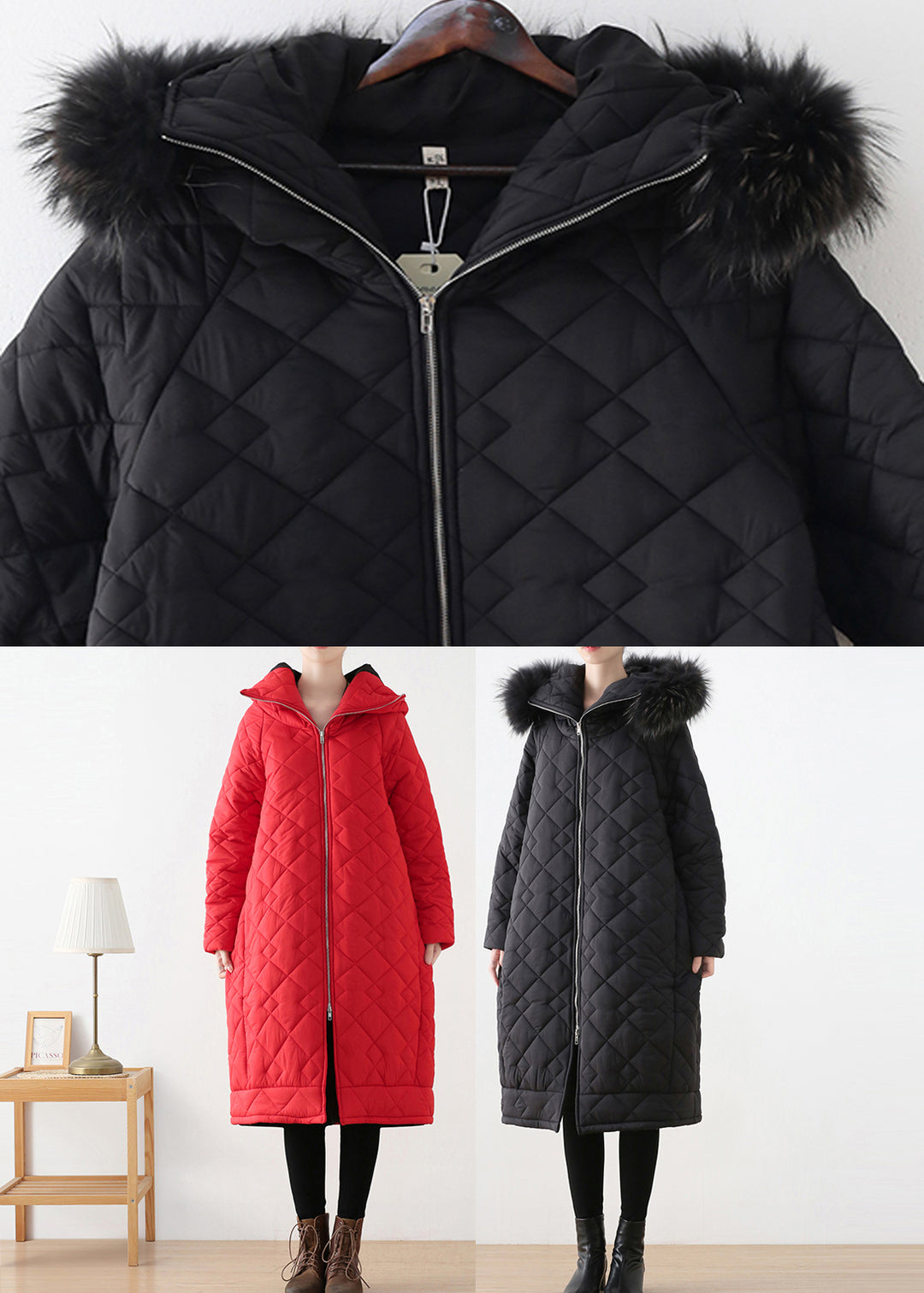 Black Plaid Thick Hooded Long Parka Winter