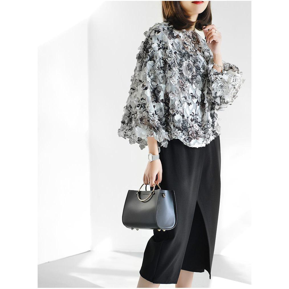 Blossom spring 3d flowers blouse lantern long sleeve woman top print plus size shirts - Omychic