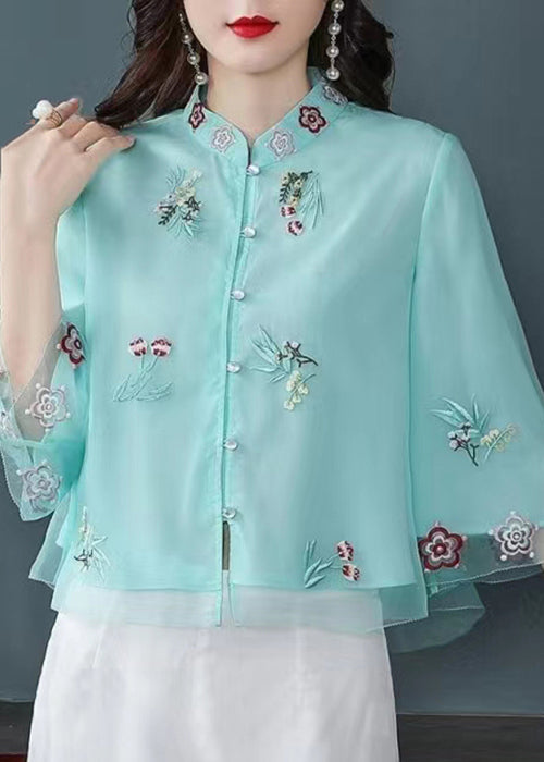 Blue Button Patchwork Shirt Top Embroideried Half Sleeve