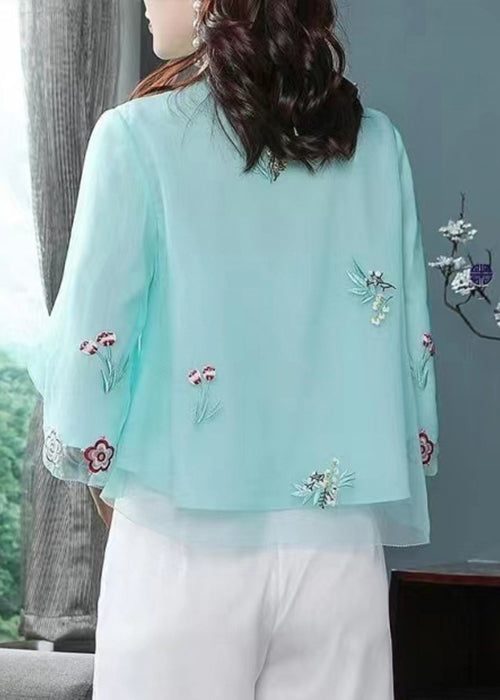 Blue Button Patchwork Shirt Top Embroideried Half Sleeve