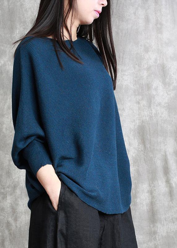 Blue Casual Bat wing Sleeve Slash neck Fall Sweater - Omychic