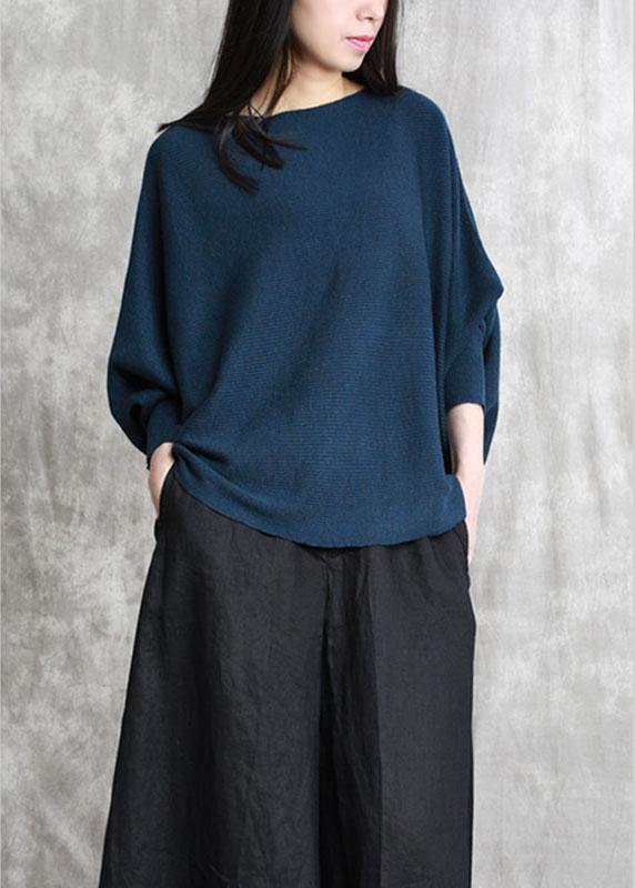 Blue Casual Bat wing Sleeve Slash neck Fall Sweater - Omychic