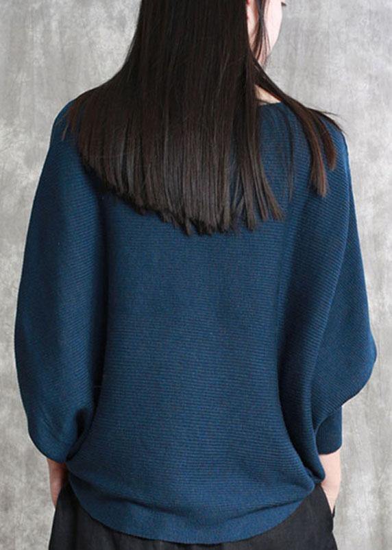 Blue Casual Bat wing Sleeve Slash neck Fall Sweater - Omychic