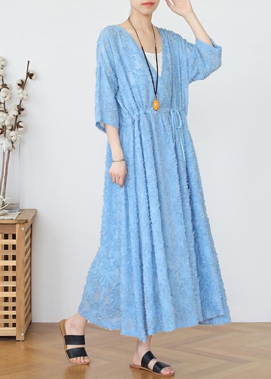 Blue Chiffon Cinched Holiday Dress In Spring Summer - Omychic