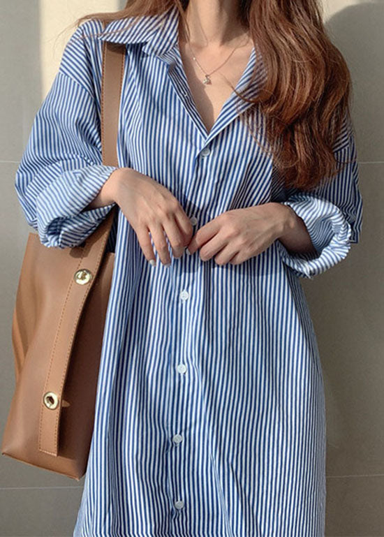 Blue Cotton Button Striped Shirt Dresses Spring
