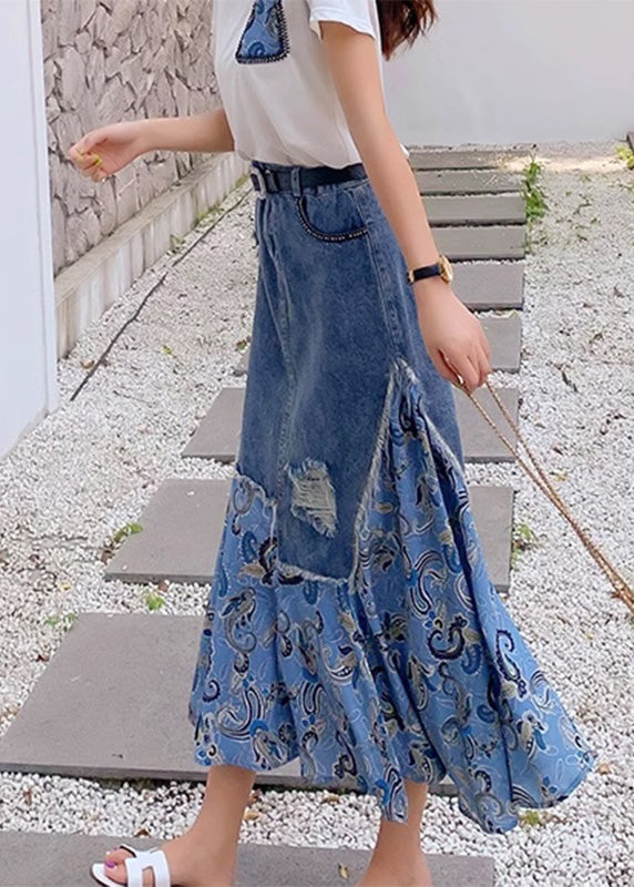 Blue Denim Patchwork High Waist Button Maxi Skirt