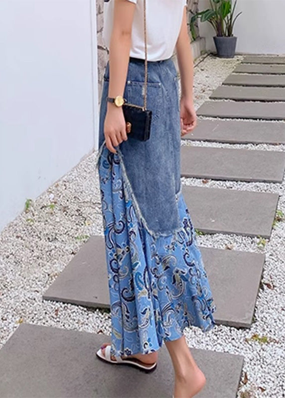 Blue Denim Patchwork High Waist Button Maxi Skirt