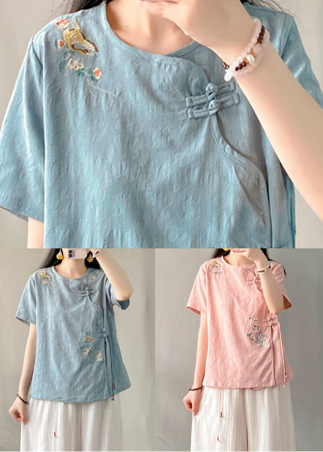 Blue Embroideried Button Patchwork Linen Top O-Neck Short Sleeve